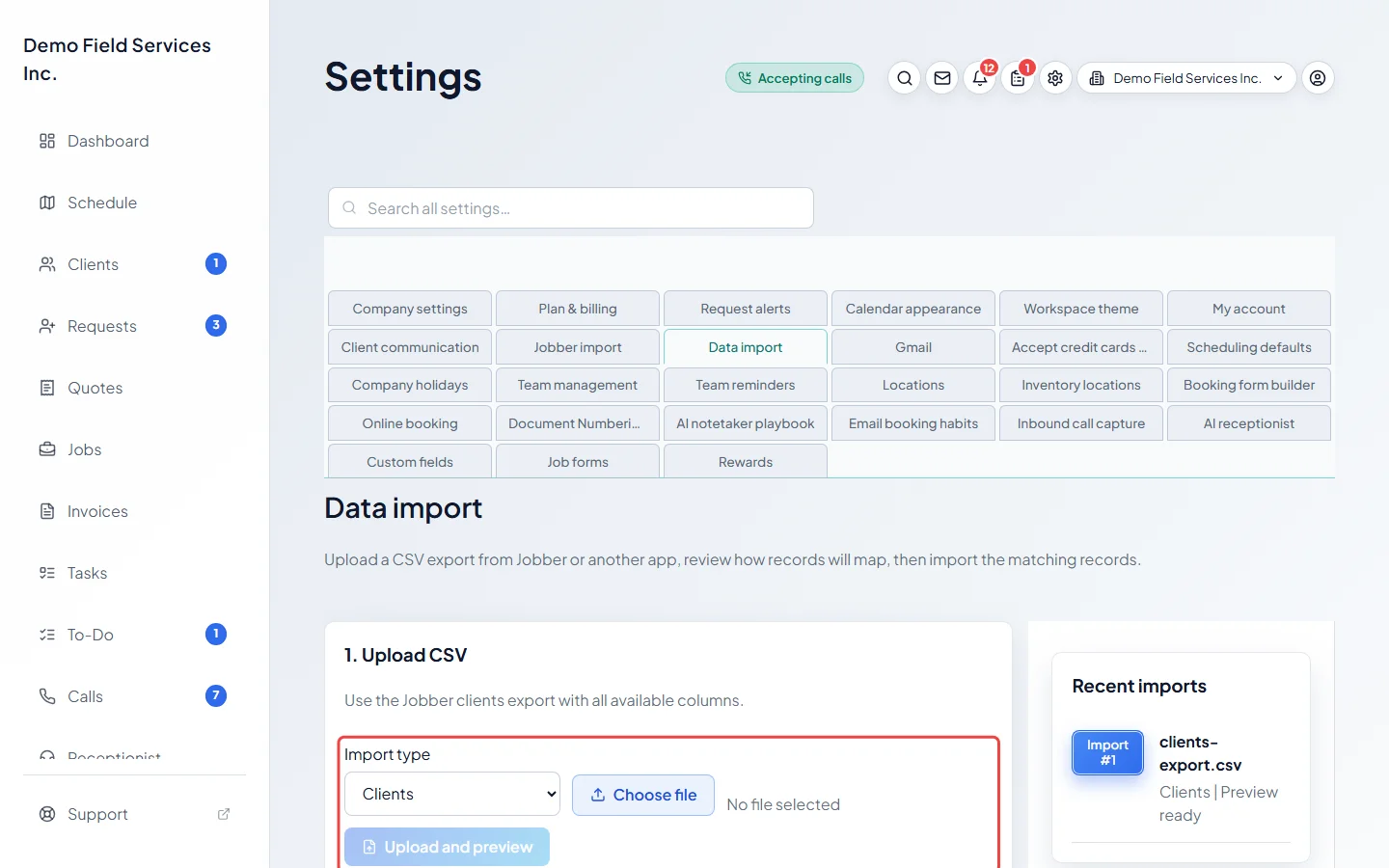 The Upload CSV step with the Import type list and Choose file button