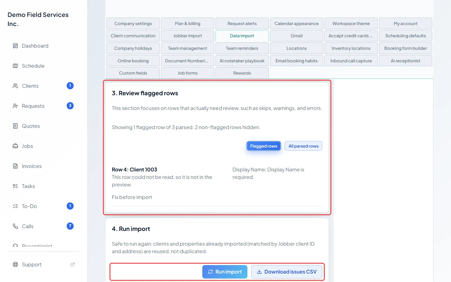 A waiting import with its flagged row and the Run import and Download issues CSV buttons
