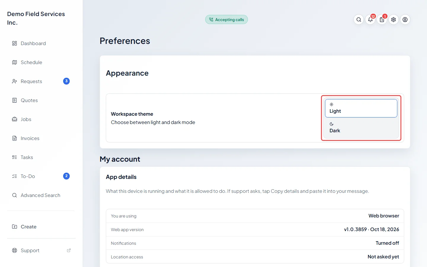 The Light and Dark buttons for the workspace theme
