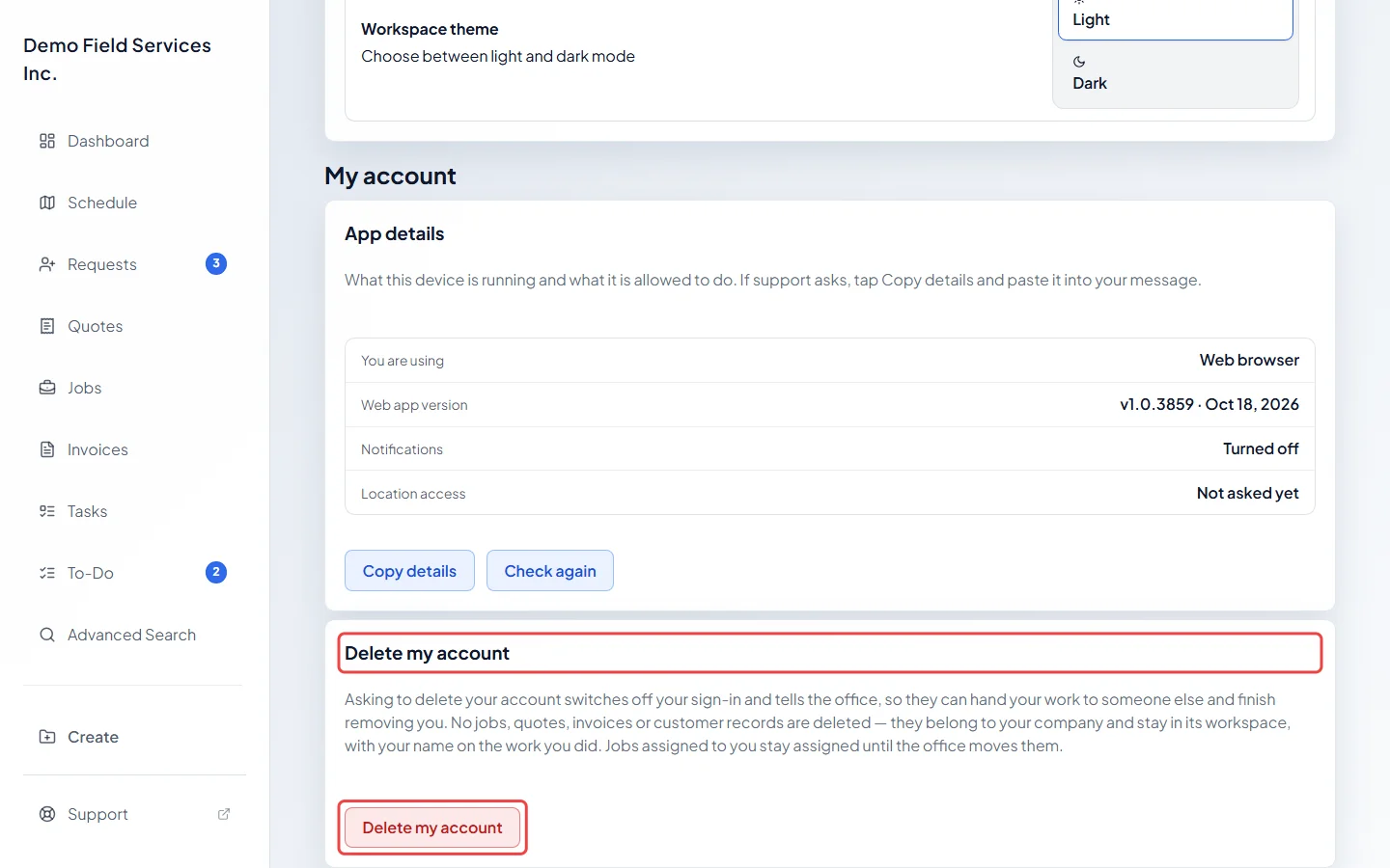 The Delete my account section at the bottom of the page