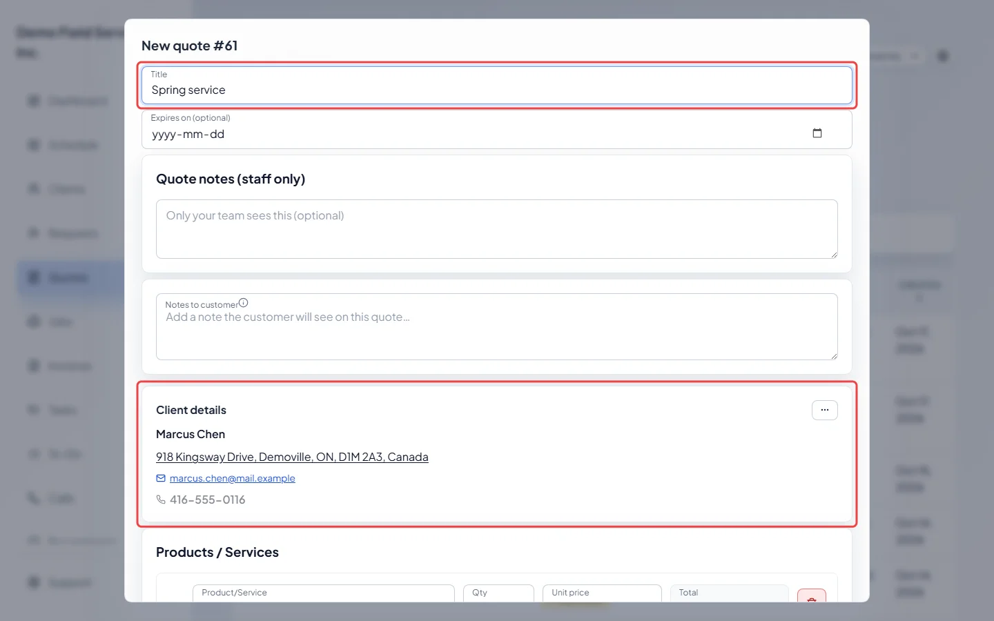 The new quote window with a client picked and a title typed