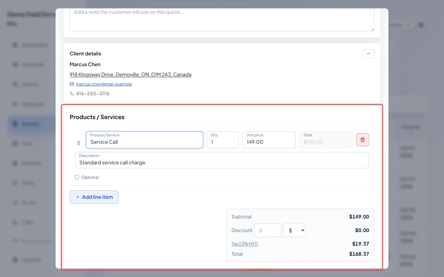 A line item filled in from the services list