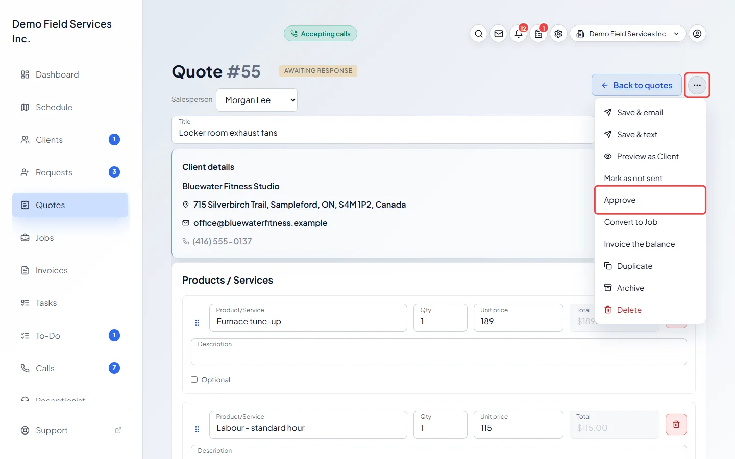 A sent quote's actions menu with Approve highlighted