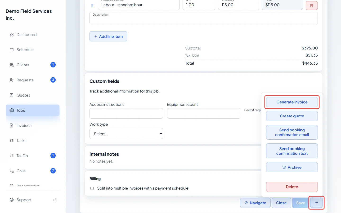 The job's More actions menu with Generate invoice highlighted