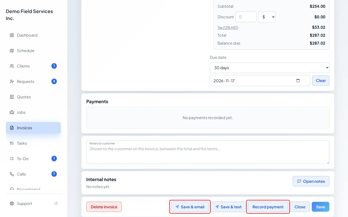 An invoice with the Save and email and Record payment buttons