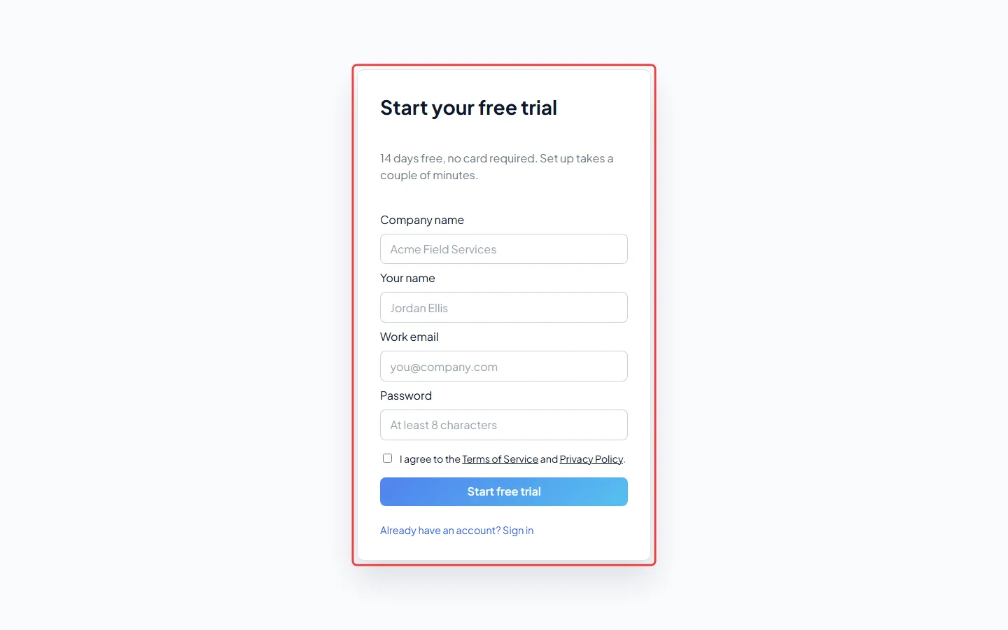 The Start your free trial page with its empty sign-up form