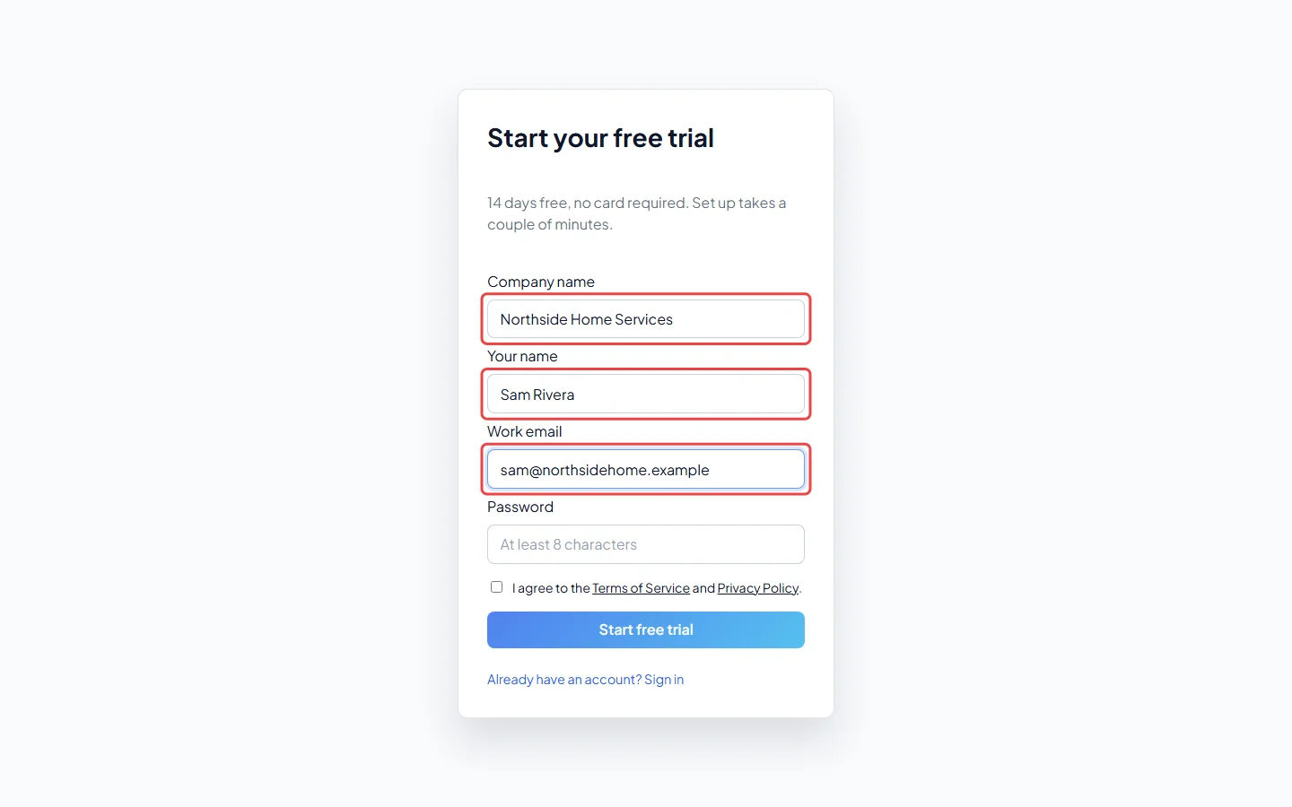 The sign-up form with the company name, your name and work email filled in