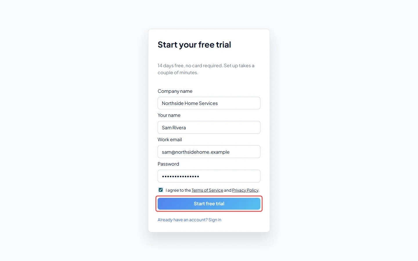 The password box, the terms tick box and the Start free trial button