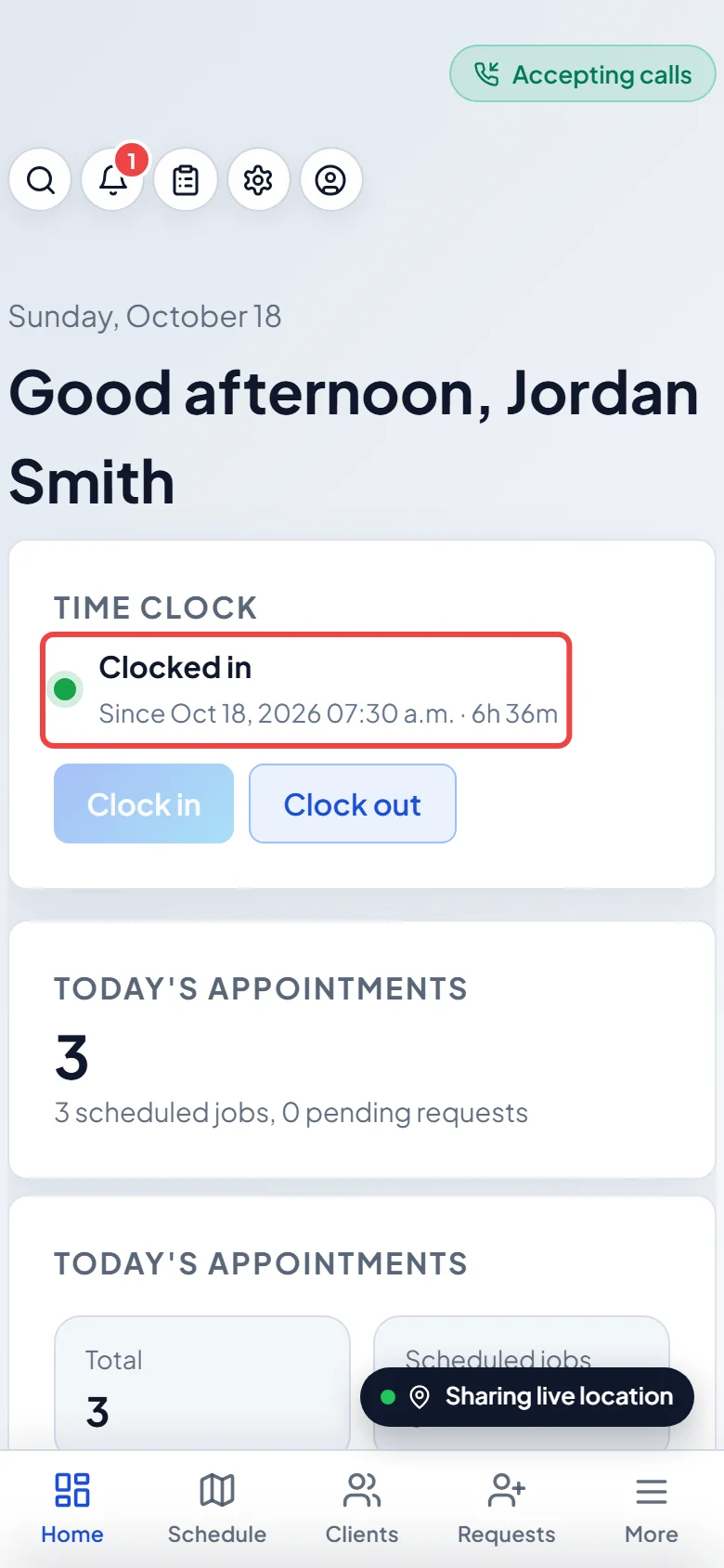 The Time clock card on a phone showing you're clocked in