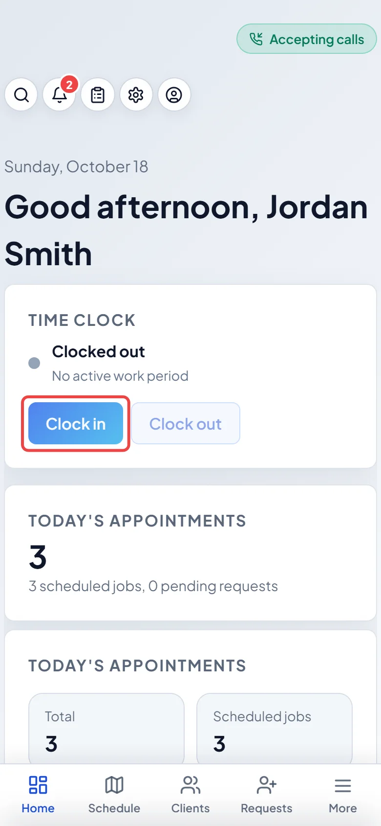 The Clock in button on the Time clock card