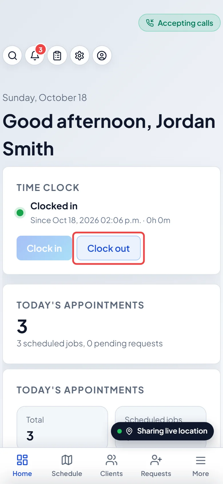 The Clock out button on the Time clock card