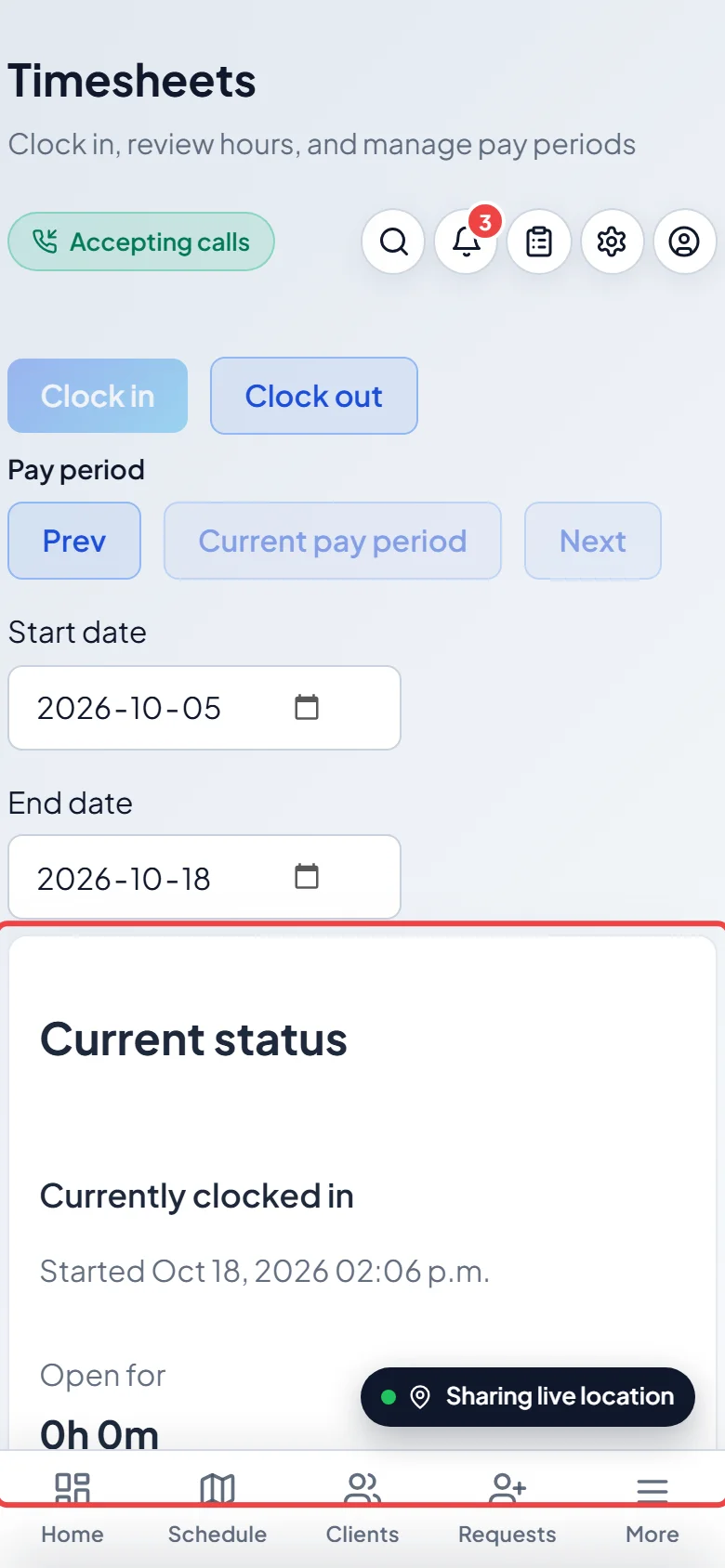 The Timesheets page on a phone with your current status