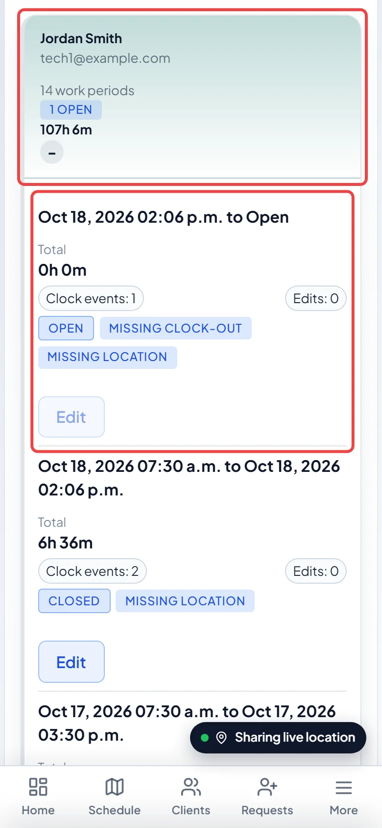 Your work periods for the current pay period