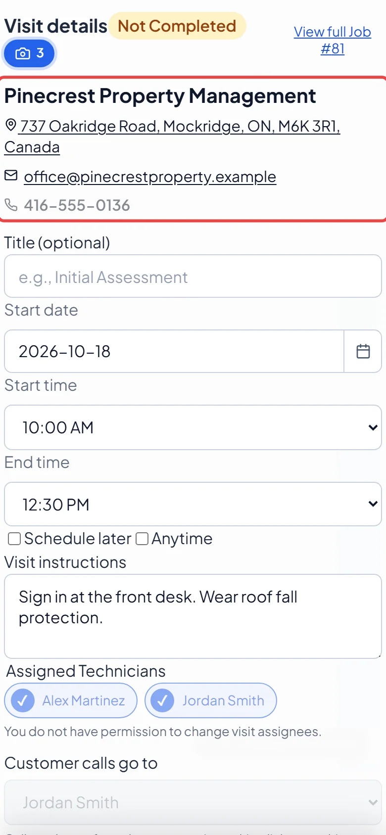 The Visit details window on a phone showing the client and address