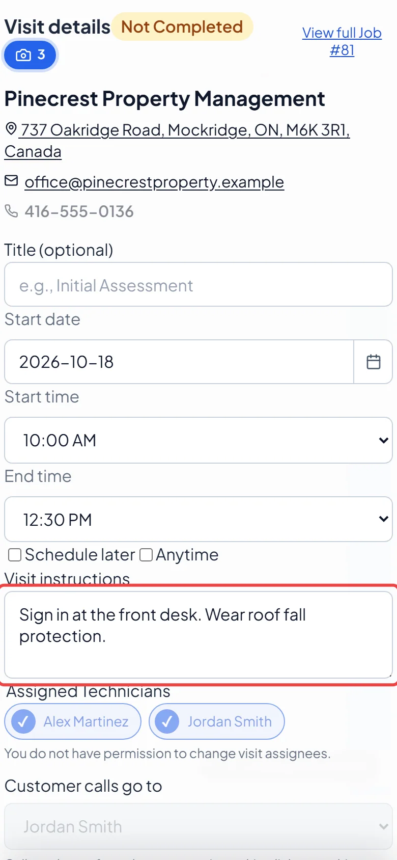 The visit instructions box in the Visit details window