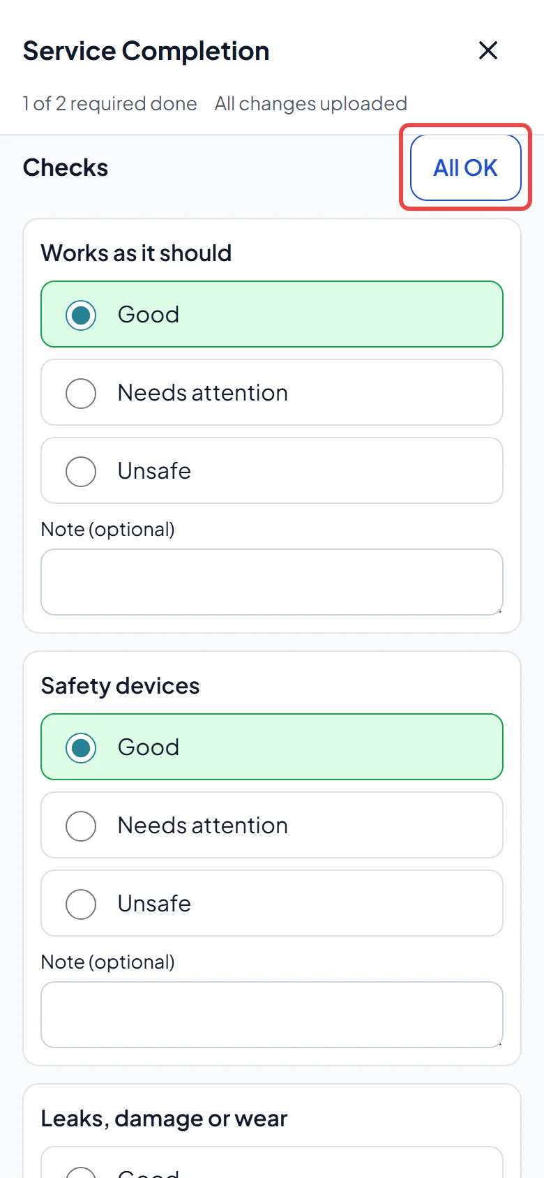 A job form on a phone with a section of checks and its All OK button