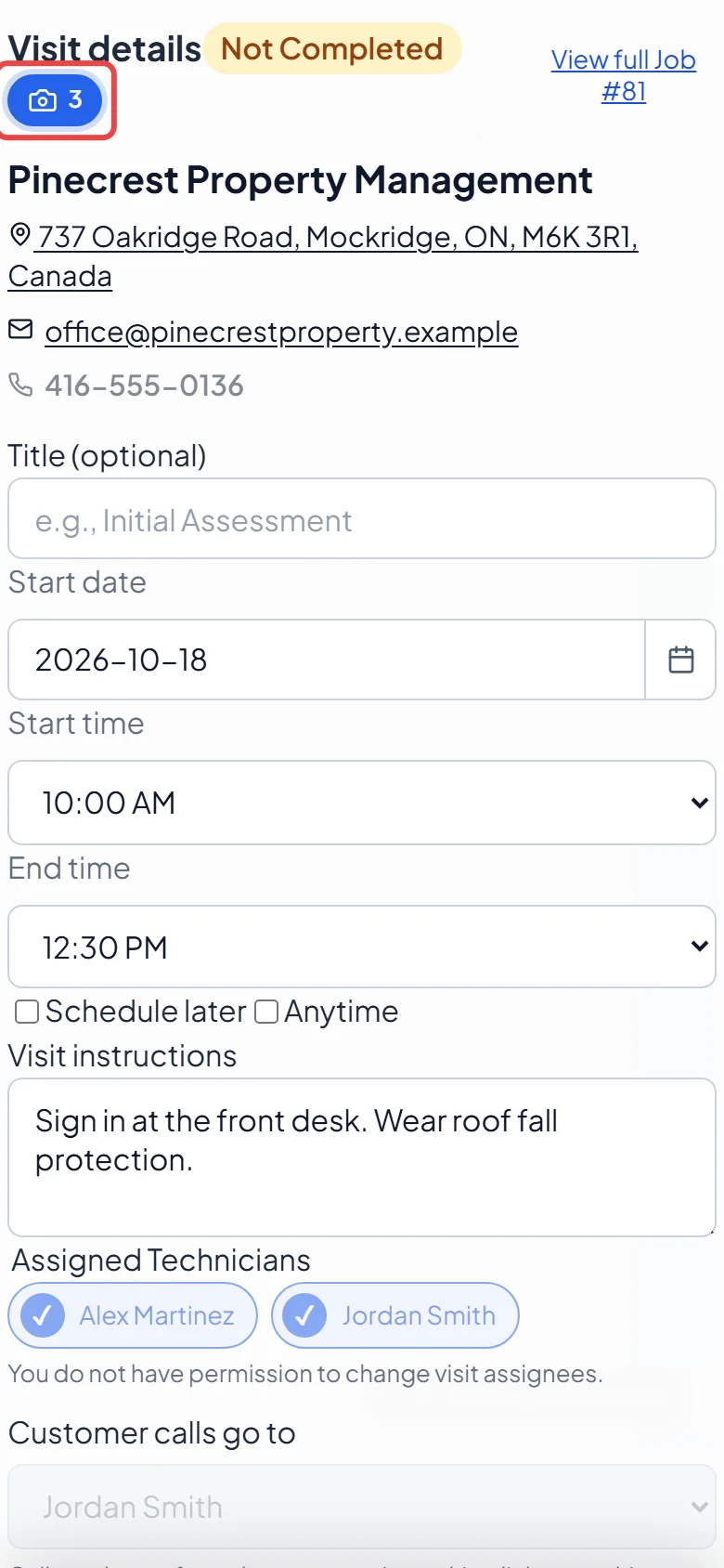 The Photos button at the top of the Visit details window