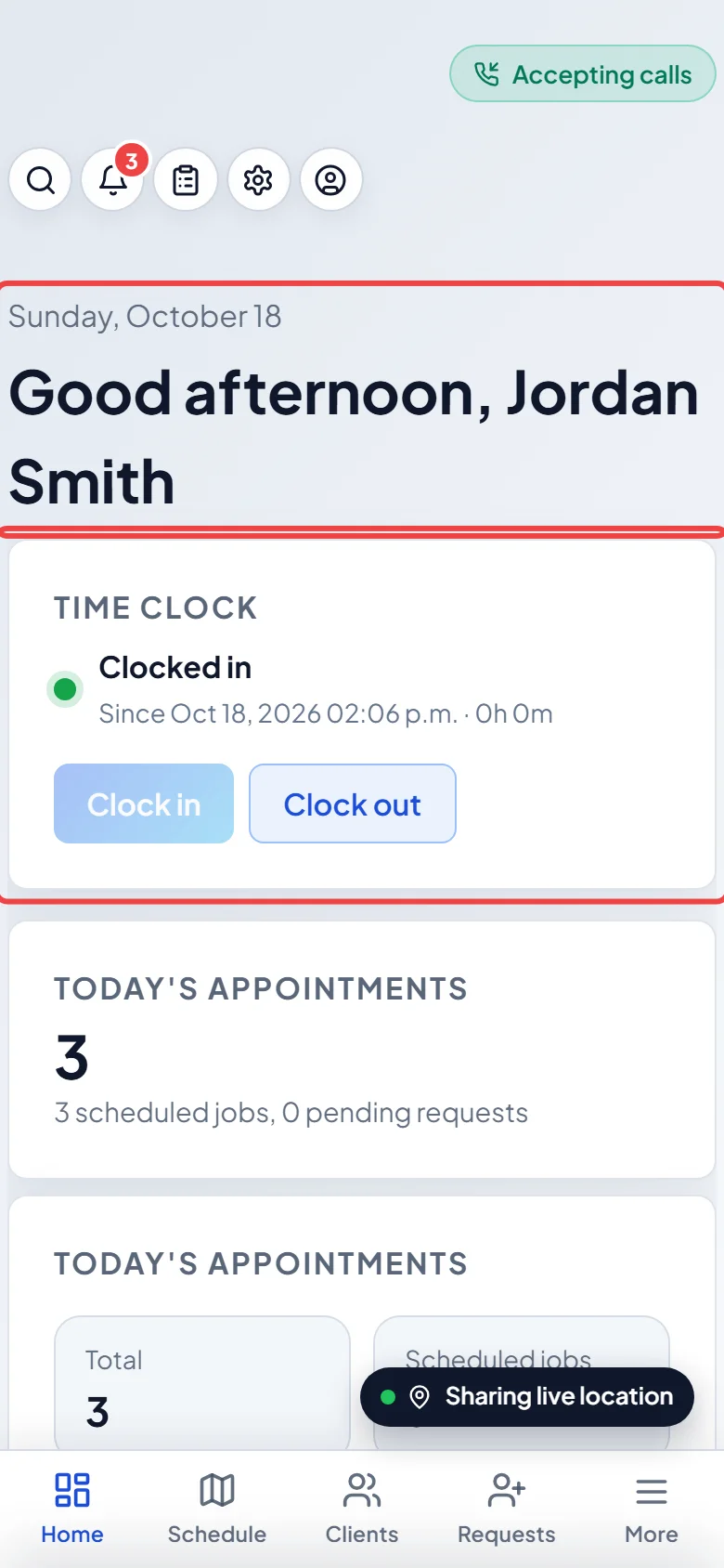 The Home page on a technician's phone with a greeting and the time clock