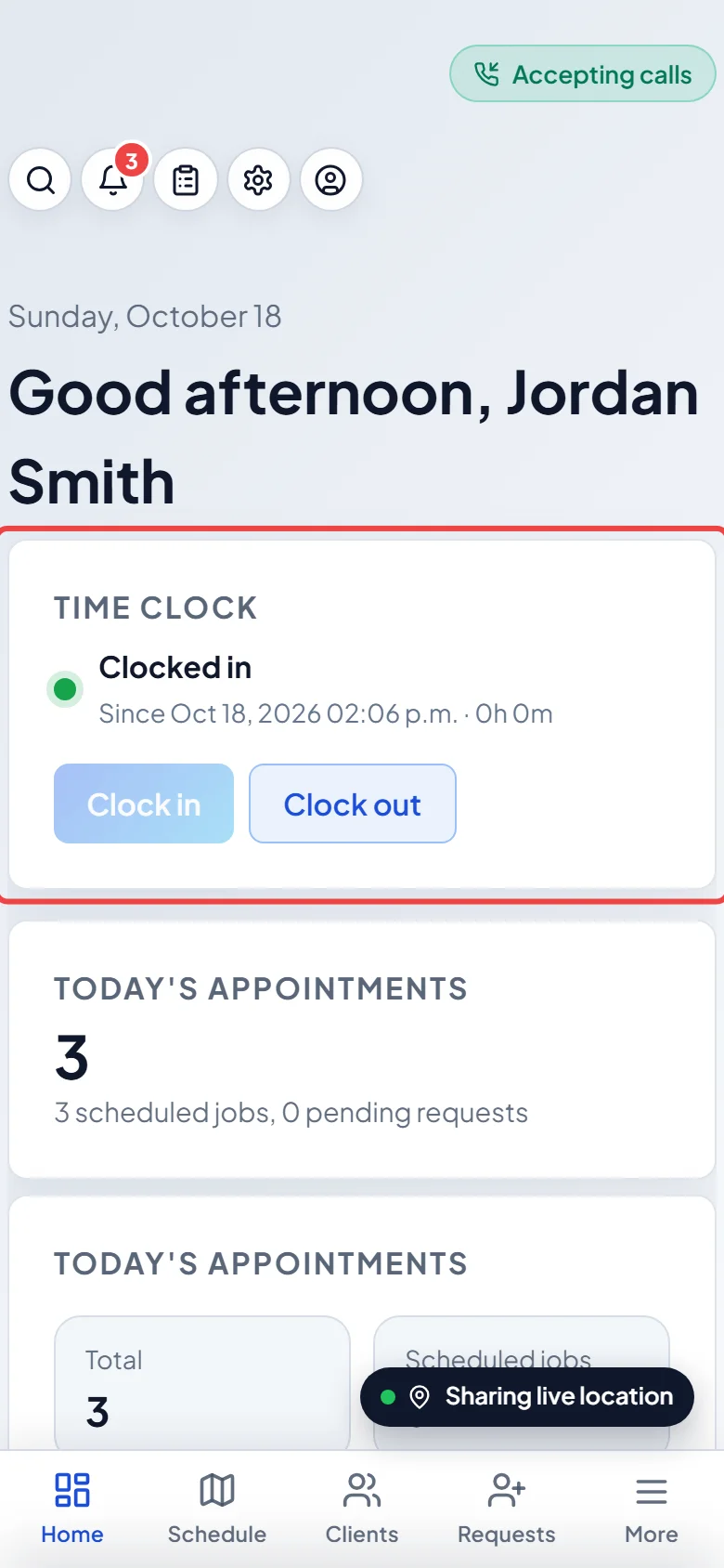 The Time clock card on the Home page