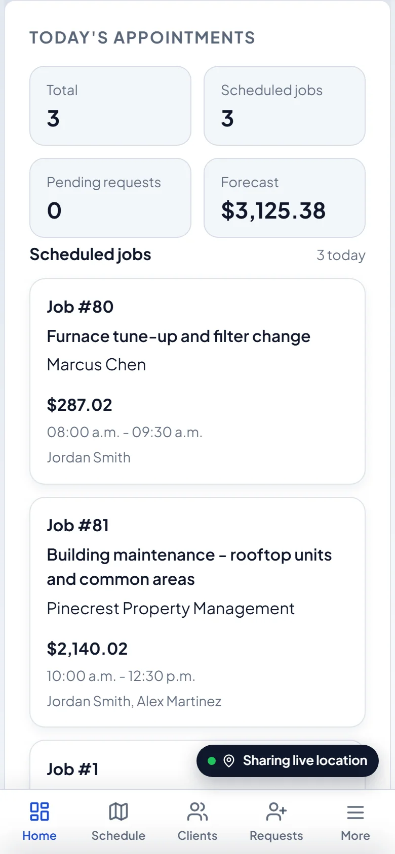 Today's appointments with the scheduled jobs for the day