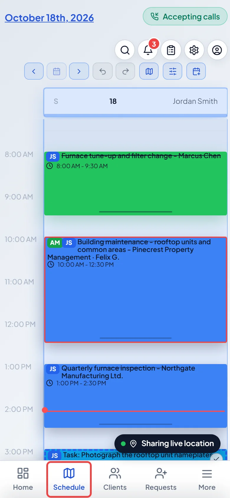 The schedule on a phone with the day's visits