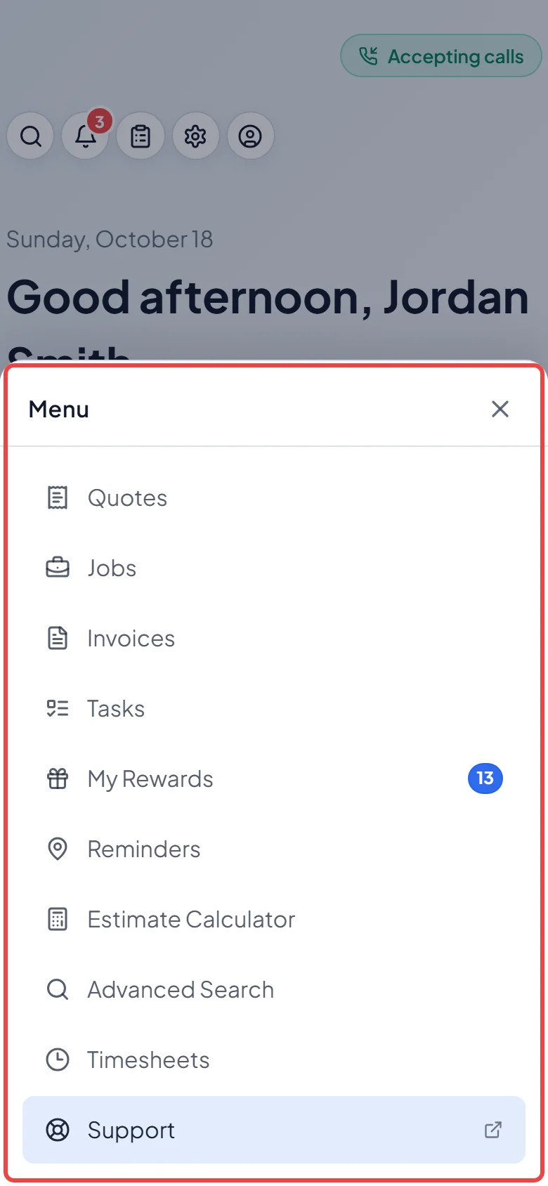 The More menu open on a technician's phone