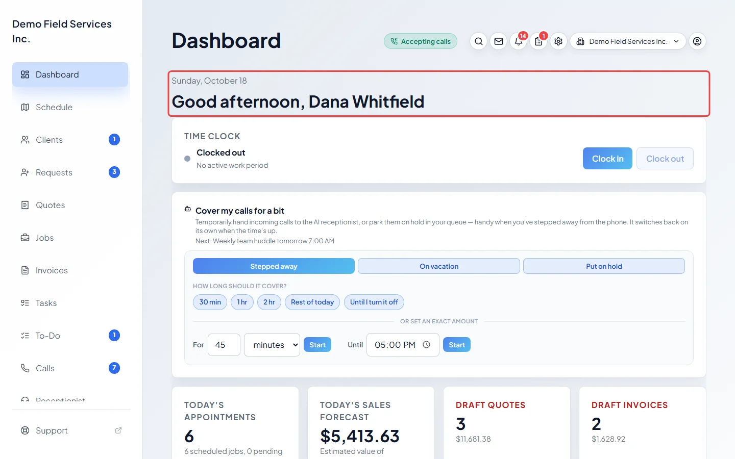 The dashboard with the greeting at the top