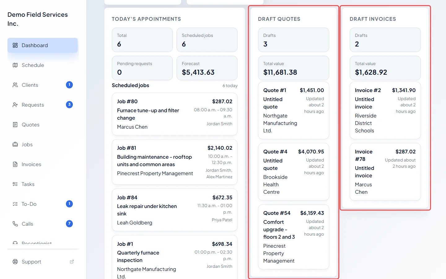 The Draft quotes and Draft invoices lists with their total value