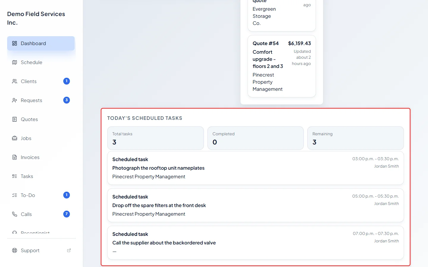 The Today's scheduled tasks card at the bottom of the dashboard