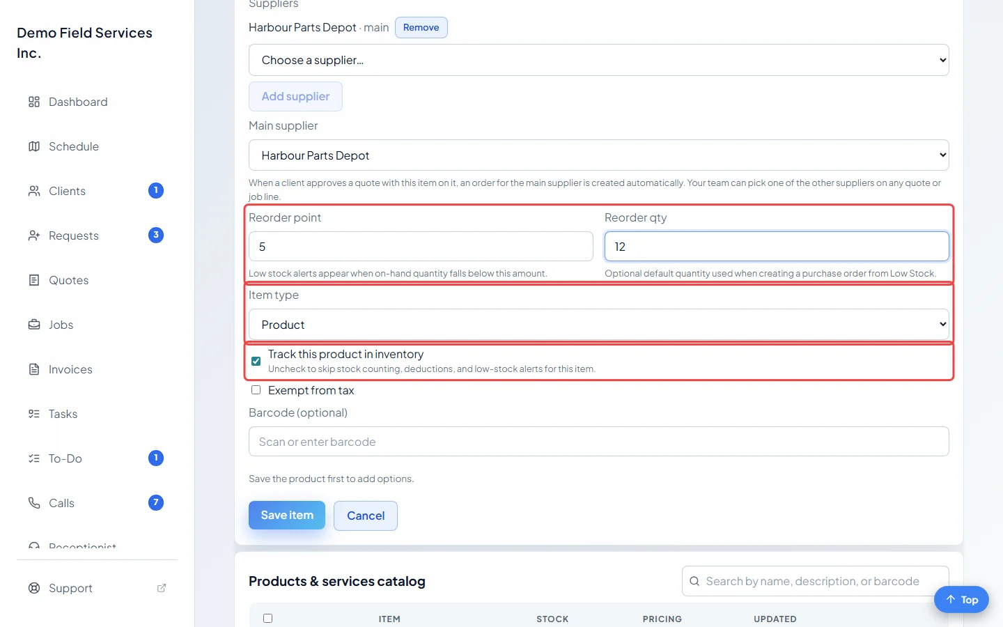 The reorder boxes, Item type list and Track this product in inventory tick box