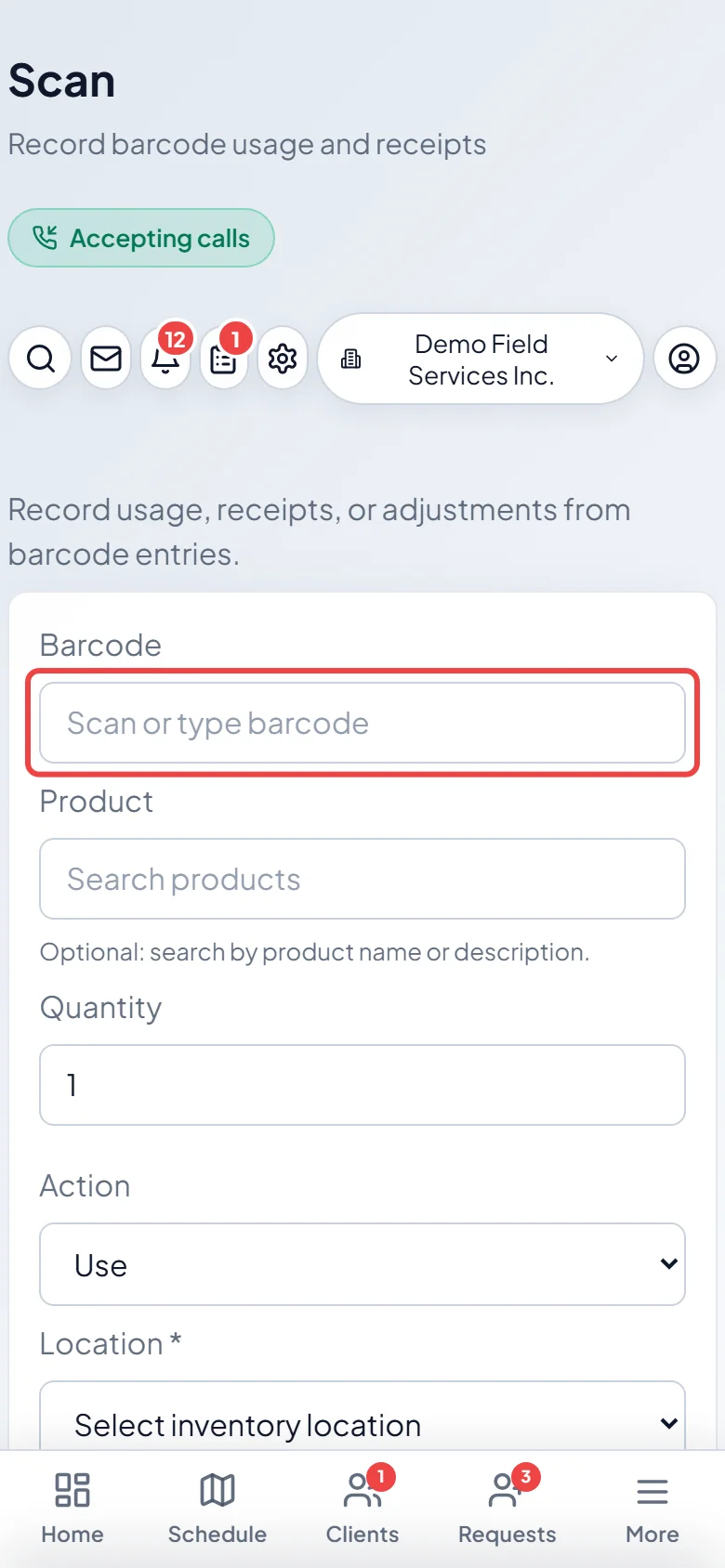 The Scan screen on a phone with the barcode box
