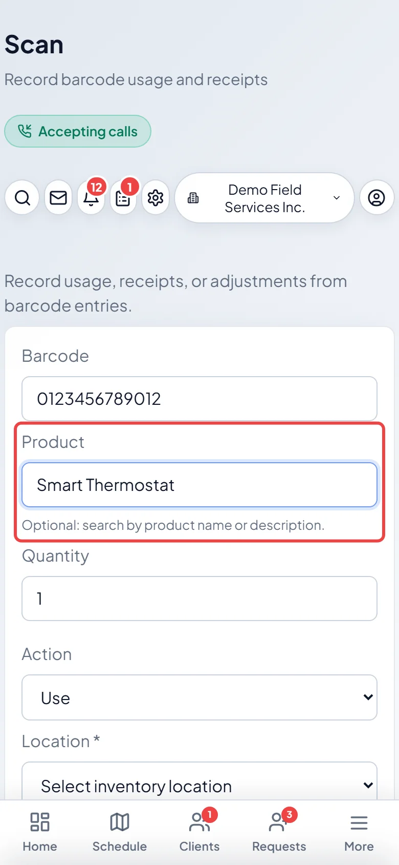A barcode typed in and the product shown in the Product box
