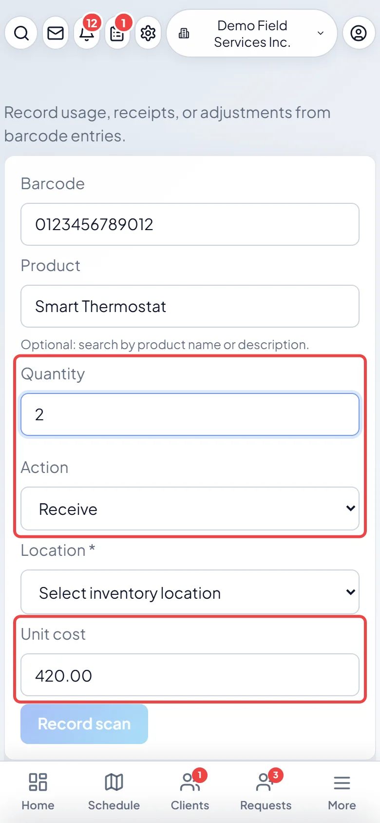 The quantity, action and unit cost on the Scan screen