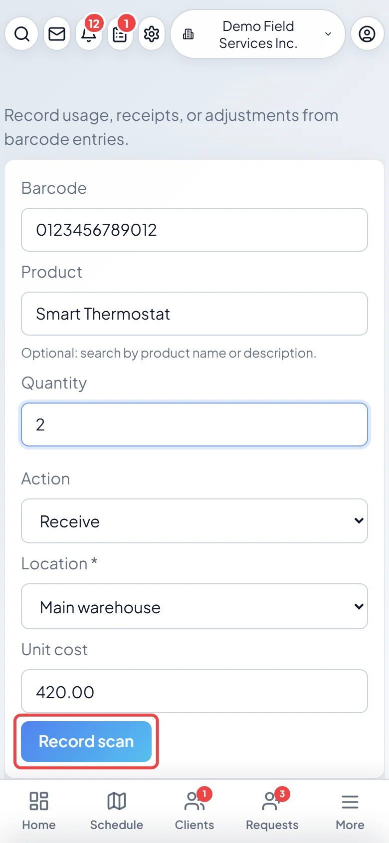 The location chosen and the Record scan button