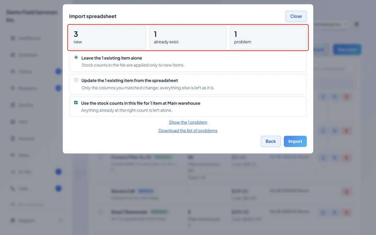 The review step with the new, already exist and problems counts