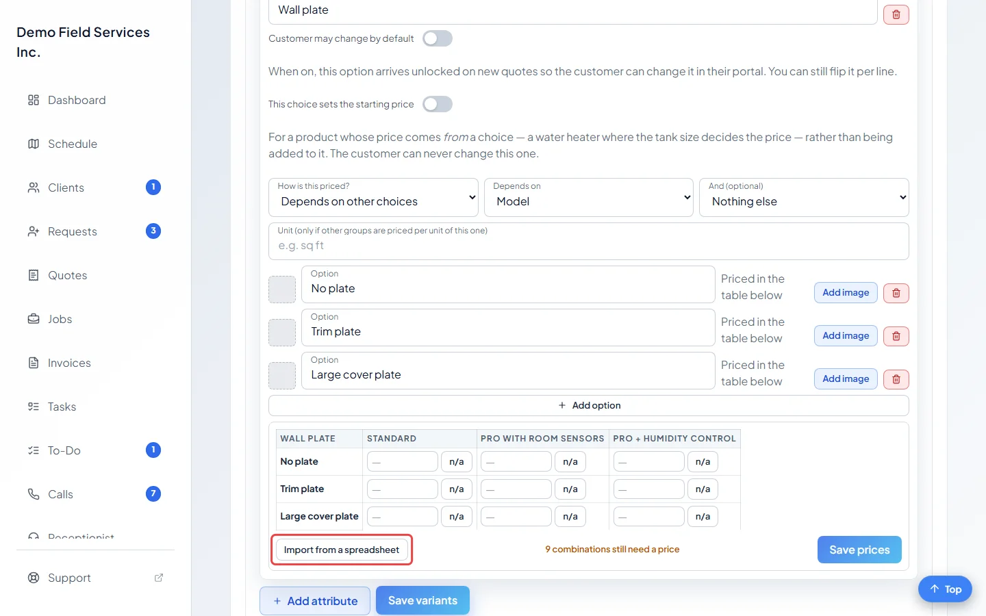The Import from a spreadsheet button under a price table