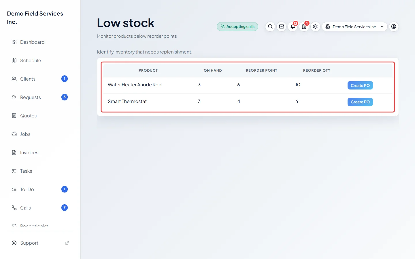 The low stock list with products below their reorder point