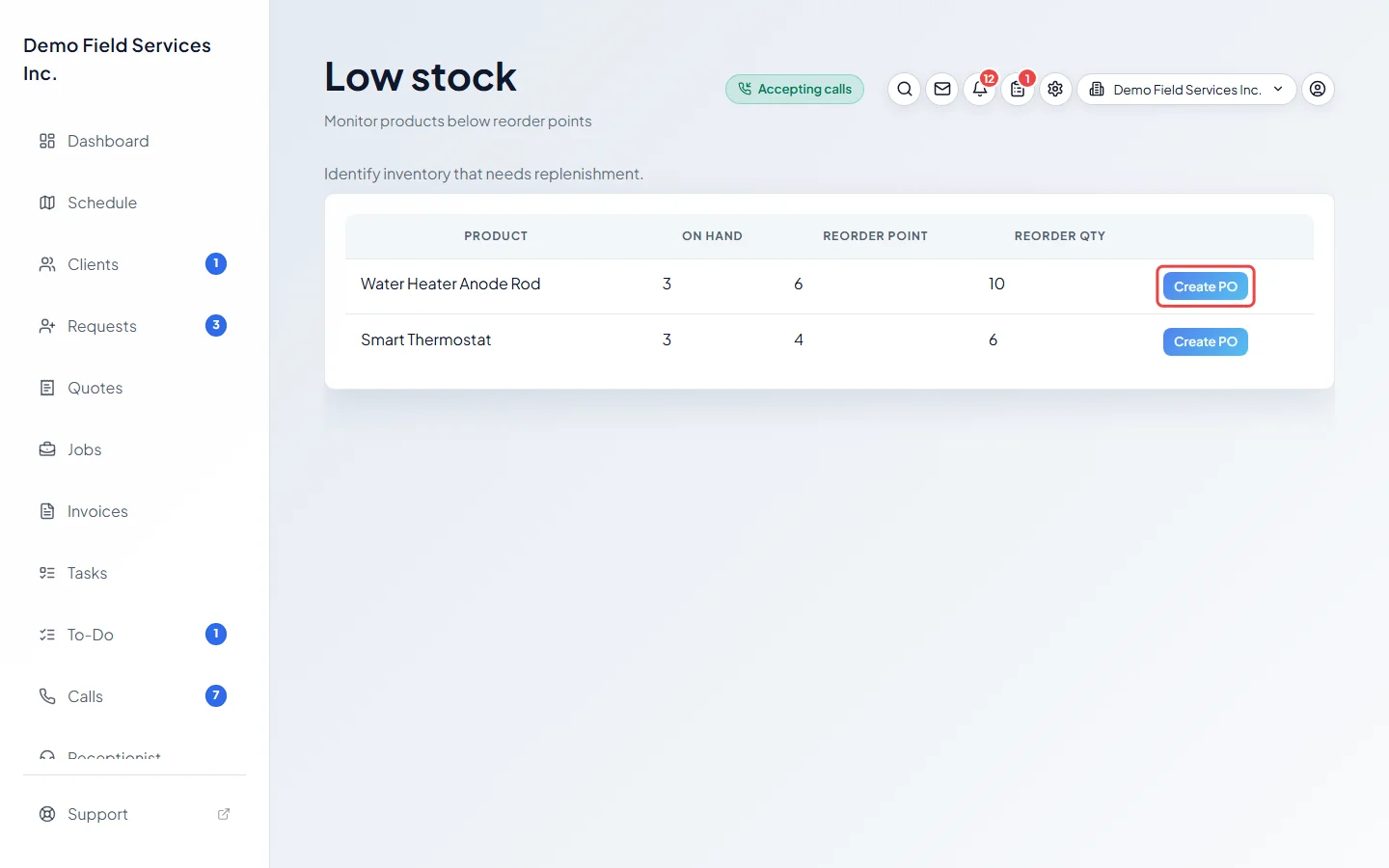 The Create PO button on a low stock row