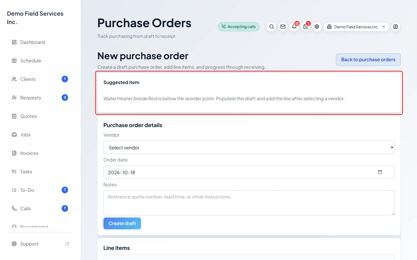 A new purchase order with the Suggested item note for the low product
