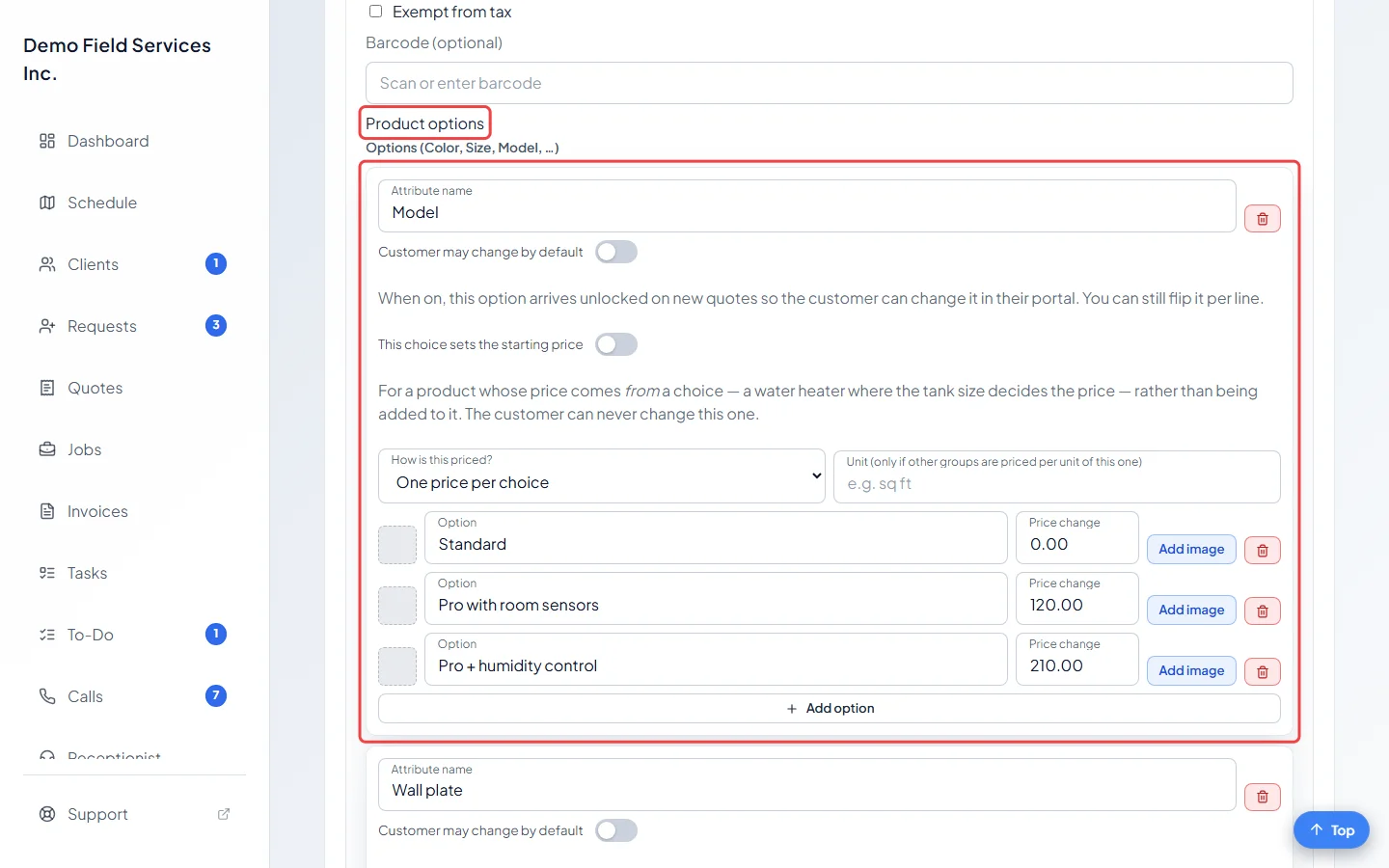 The Product options section on a product's details