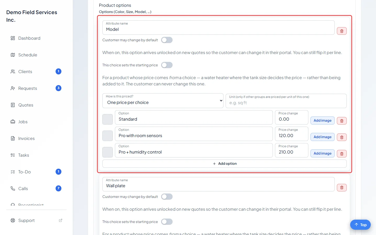 An option group with three choices and their price changes