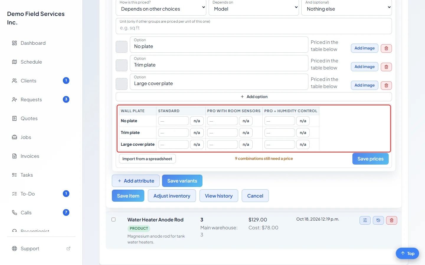 The empty price table under an option group
