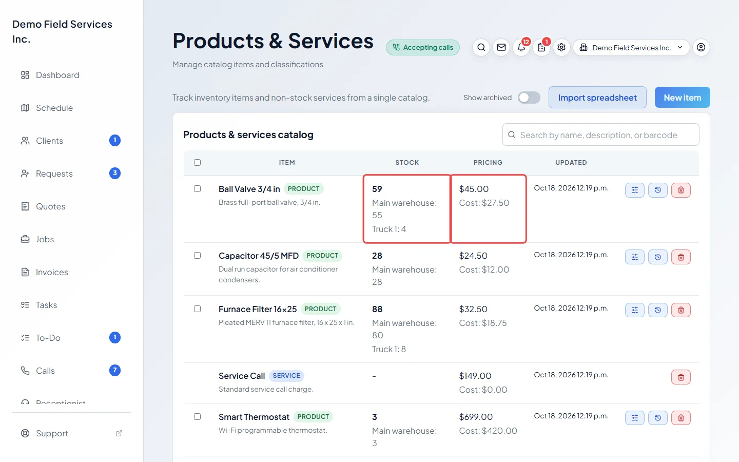 The products and services catalog with stock counts and prices