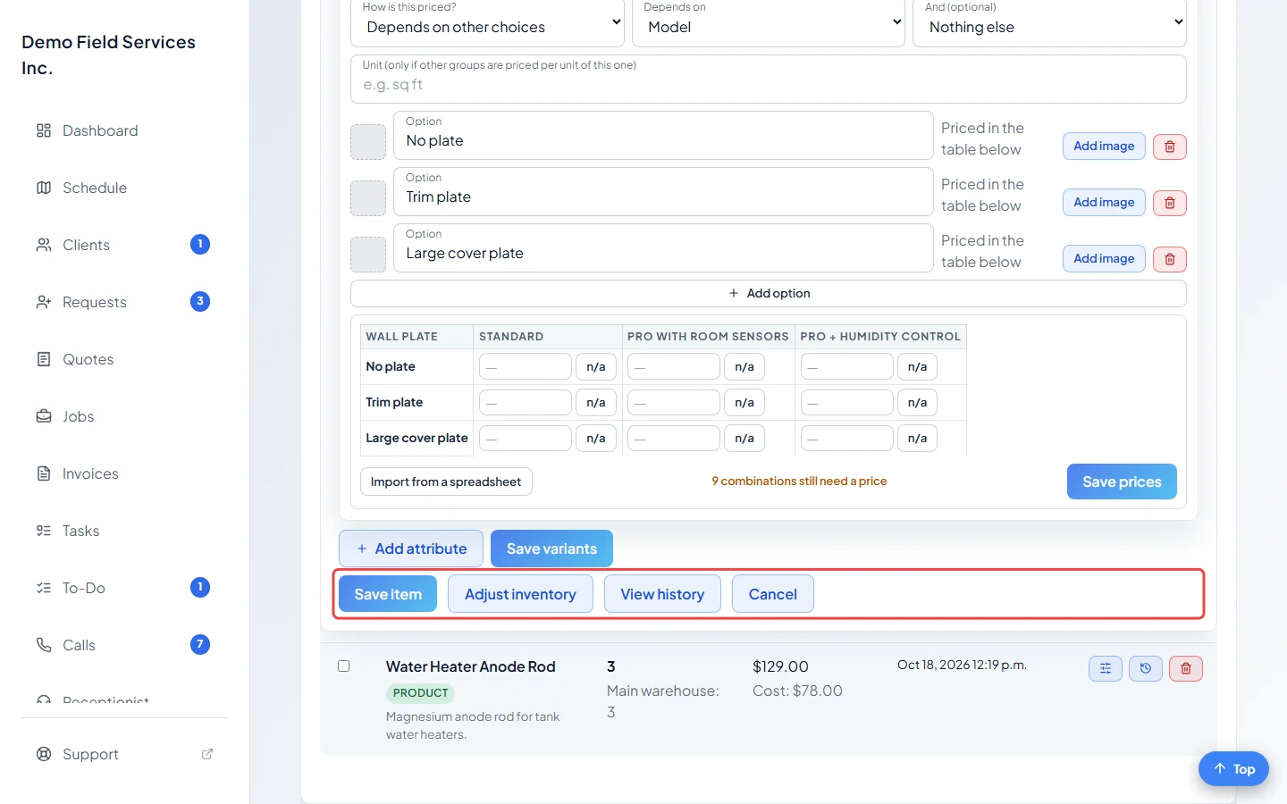 The Save item, Adjust inventory, View history and Cancel buttons at the bottom of an item's details