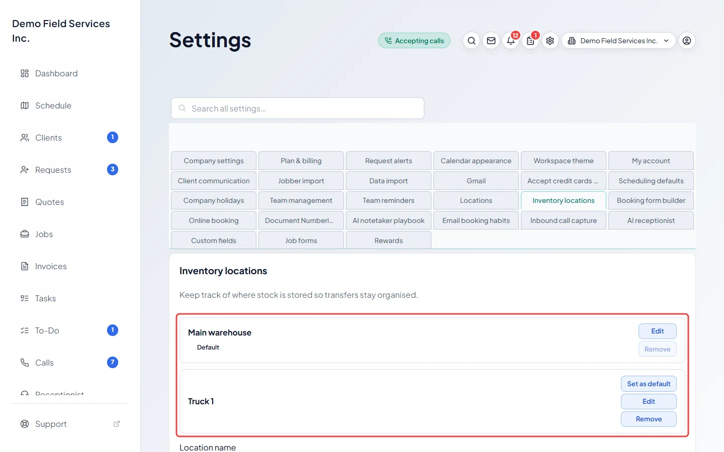 The Inventory locations settings with two locations and the default one marked