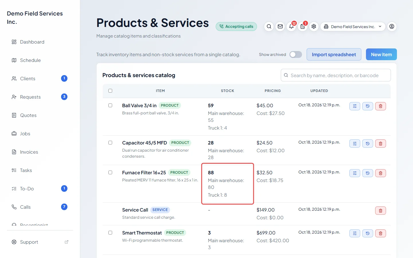 A product's stock total and its count at each location in the catalog