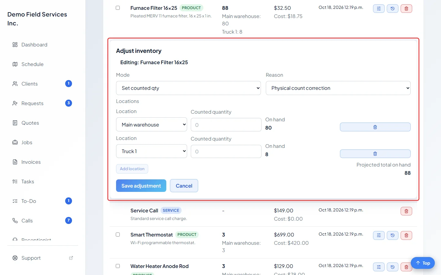 The Adjust inventory panel opened under a product