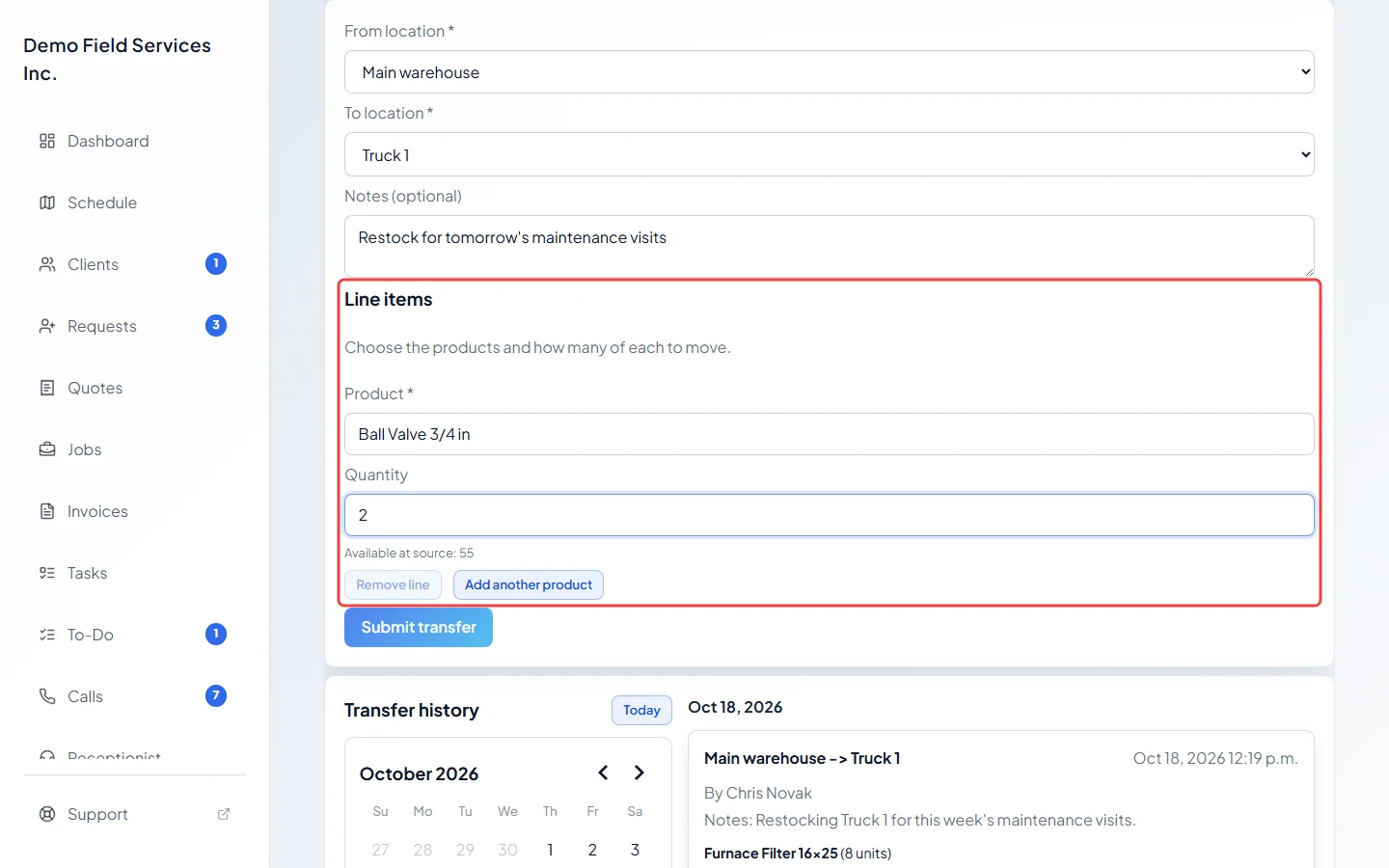 A product and quantity on the transfer with the amount available at the source
