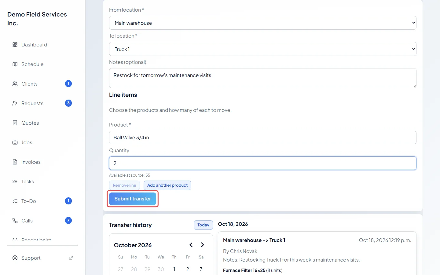 The Submit transfer button at the bottom of the form