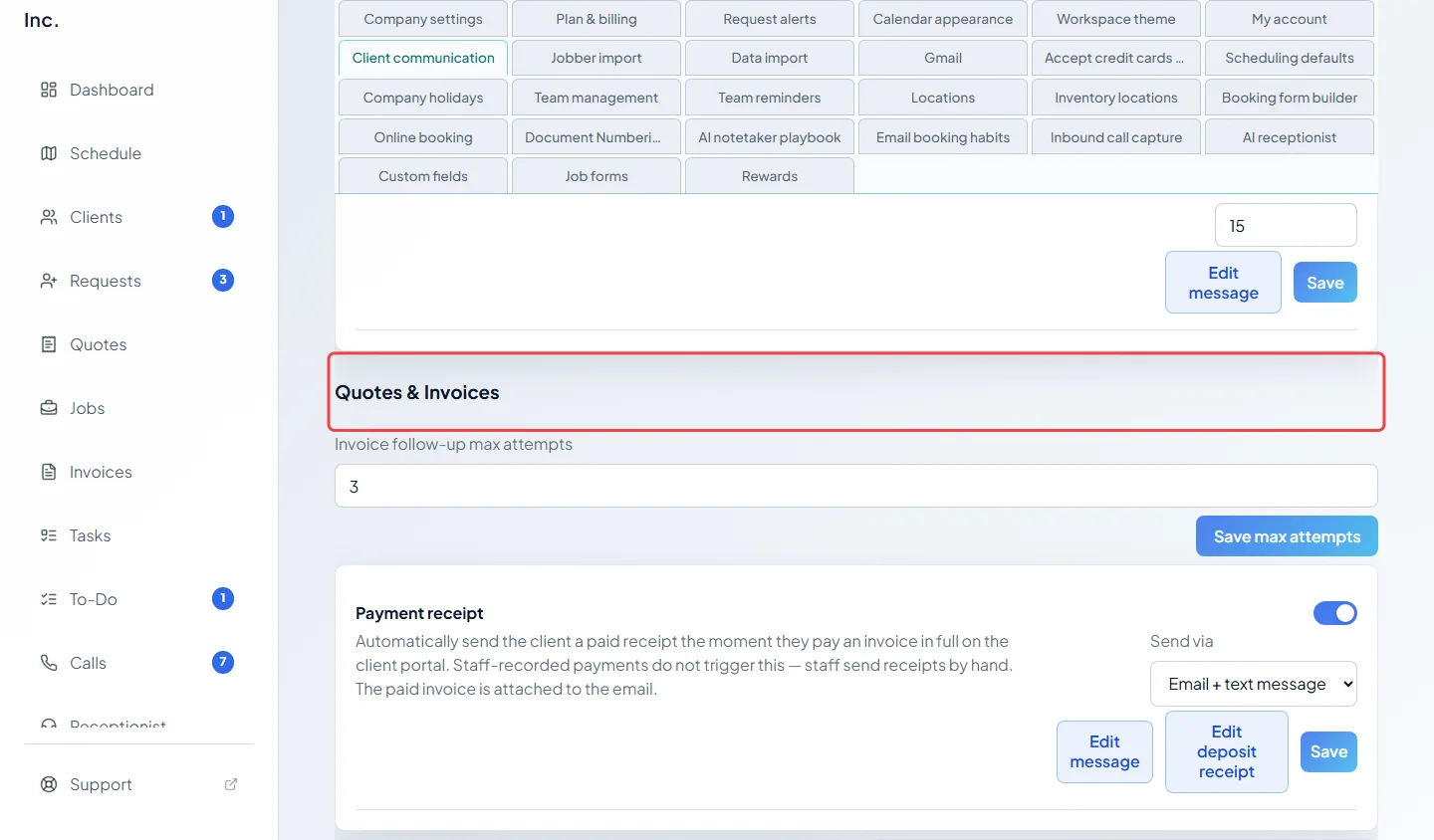 The Quotes and Invoices section of the automations page